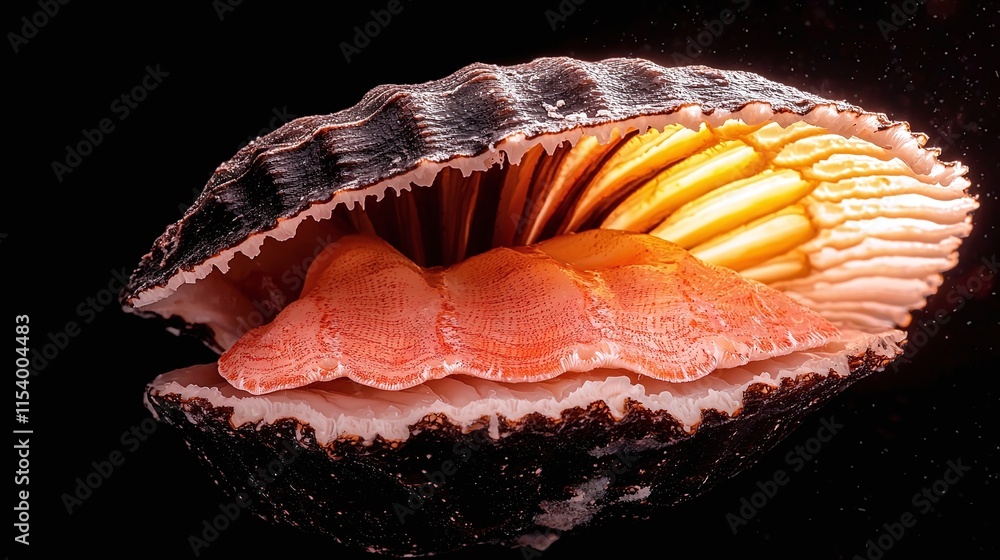 Close-up of a vibrant, open seashell revealing its intricate, colorful interior against a black background. Close-up of a vibrant, open seashell revealing its intricate, colorful interior against a black background.