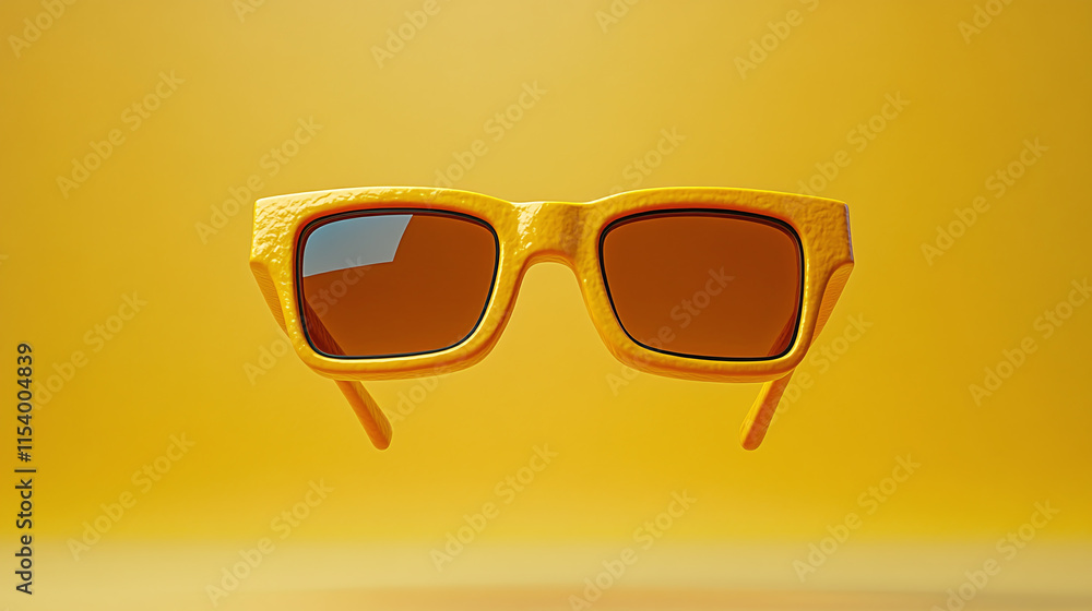 Stylish yellow sunglasses with textured frame and brown lenses against vibrant yellow background, perfect for summer fashion Stylish yellow sunglasses with textured frame and brown lenses against vibrant yellow background, perfect for summer fashion