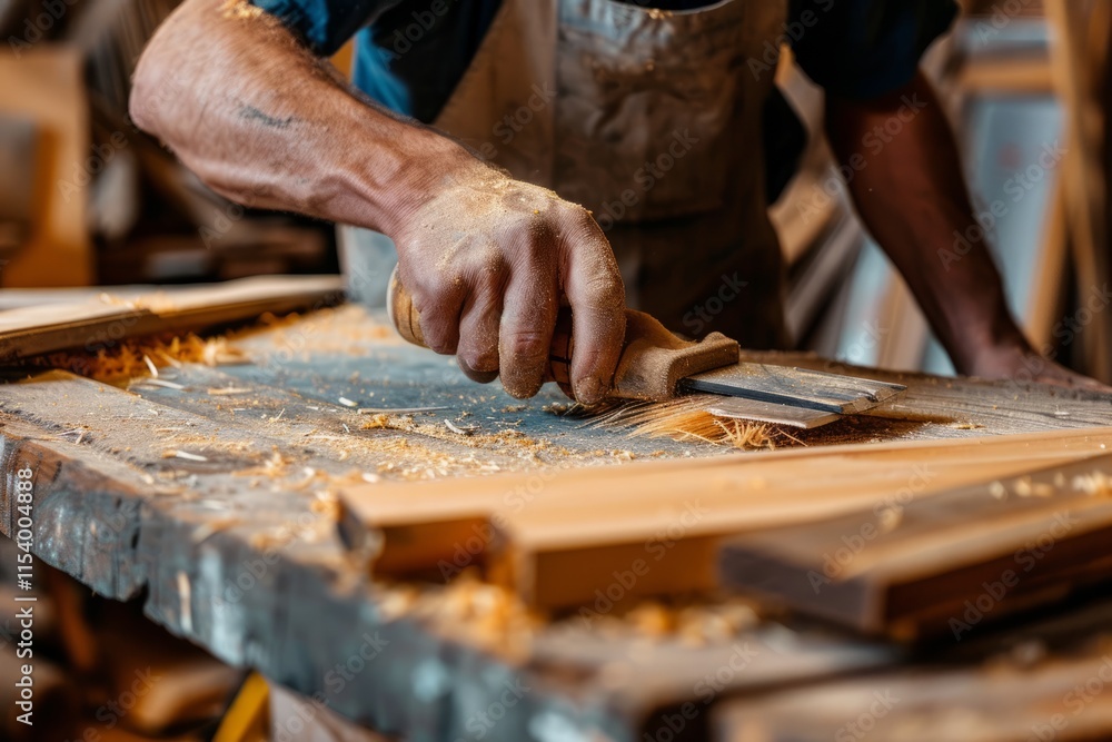 Close up hands of carpenter working on a piece of wood in her workshop Close up hands of carpenter working on a piece of wood in her workshop