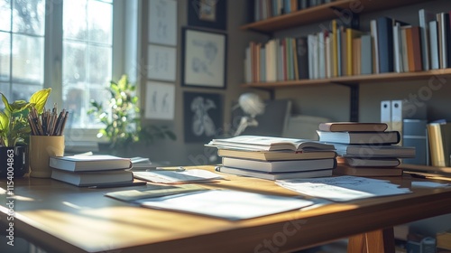 Wallpaper Mural Sunlit Study: A Serene Workspace with Books, Plants, and Natural Light Torontodigital.ca