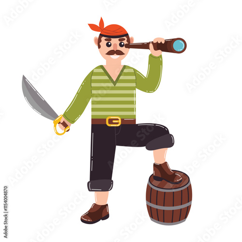 Cartoon pirate with spyglass, saber and gun barrel in flat style.