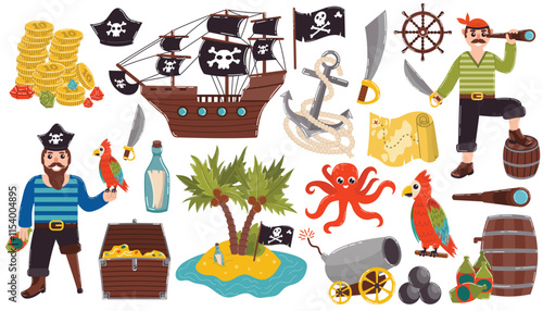 Cartoon pirate set of design elements in flat style. Pirates and ship, anchor and ship's wheel, treasure map and Macaw parrot.
