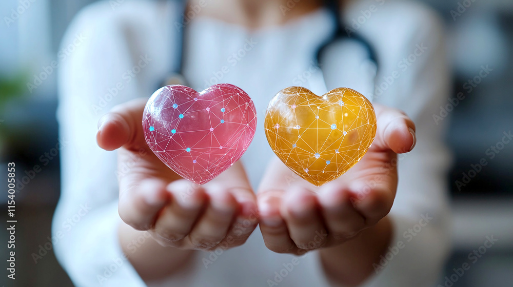 Hands hold two hearts symbolizing health and wellness, one pink and one yellow, representing care and compassion in healthcare