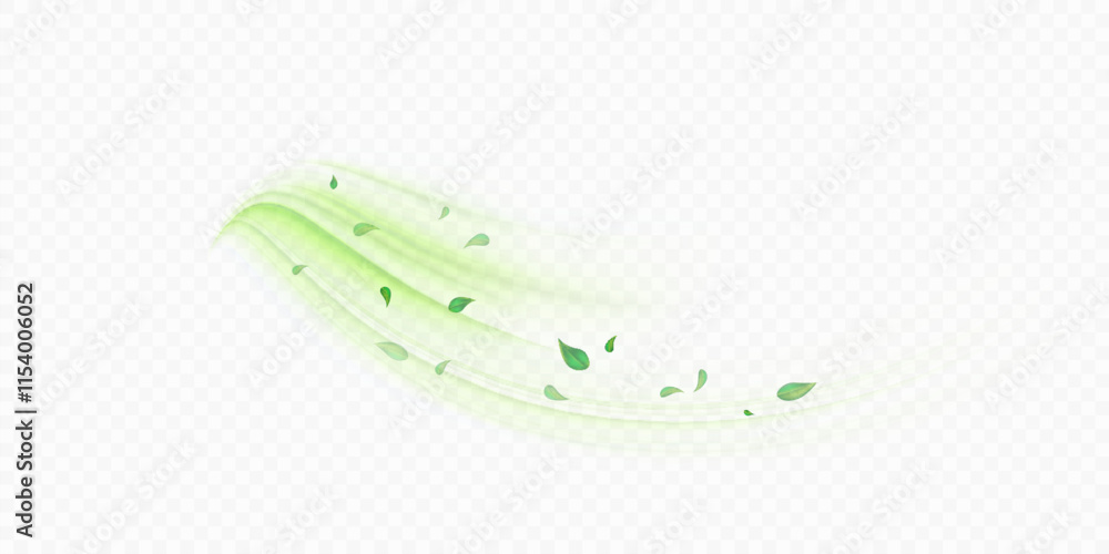 Obraz premium Green air flow effect with flying mint, tea leaves. Bright green swirl isolated on white background PNG, vector abstract illustration for advertising, drinks, food and cosmetics.