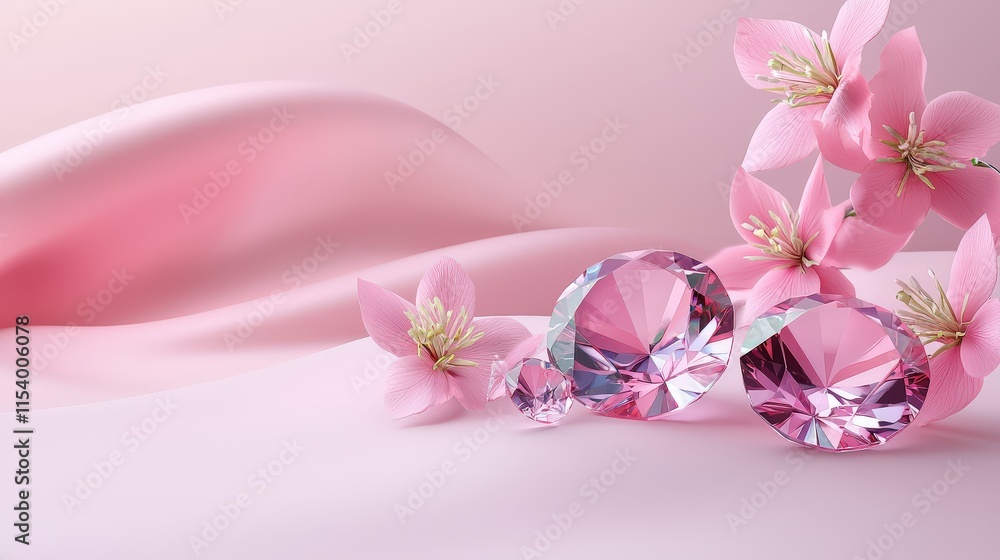 Fototapeta premium Pink gemstones displayed in a monochromatic setting with pink flowers and silk, creating a romantic and luxurious feel.