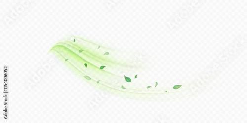Green air flow effect with flying mint, tea leaves. Bright green swirl isolated on white background PNG, vector abstract illustration for advertising, drinks, food and cosmetics.