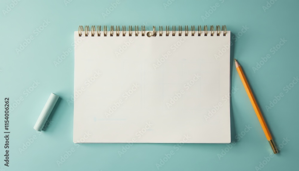 Calendar Mockup with Notepad. Empty notepad with pencil and chalk on blue background - copy space Calendar Mockup with Notepad. Empty notepad with pencil and chalk on blue background - copy space