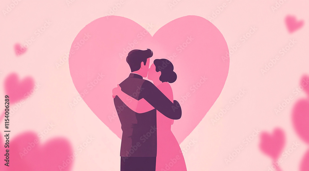 romantic couple embraces against soft pink backdrop filled with hearts, symbolizing love and affection. This illustration captures essence of togetherness and celebration of love romantic couple embraces against soft pink backdrop filled with hearts, symbolizing love and affection. This illustration captures essence of togetherness and celebration of love