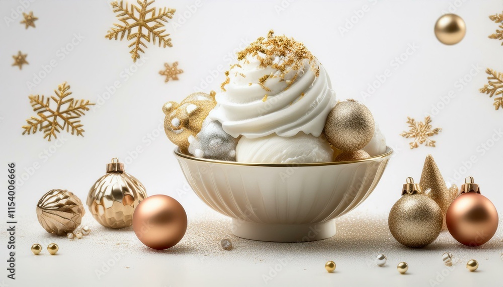ice cream with Christmas balls, snowflakes and confetti on white background ice cream with Christmas balls, snowflakes and confetti on white background