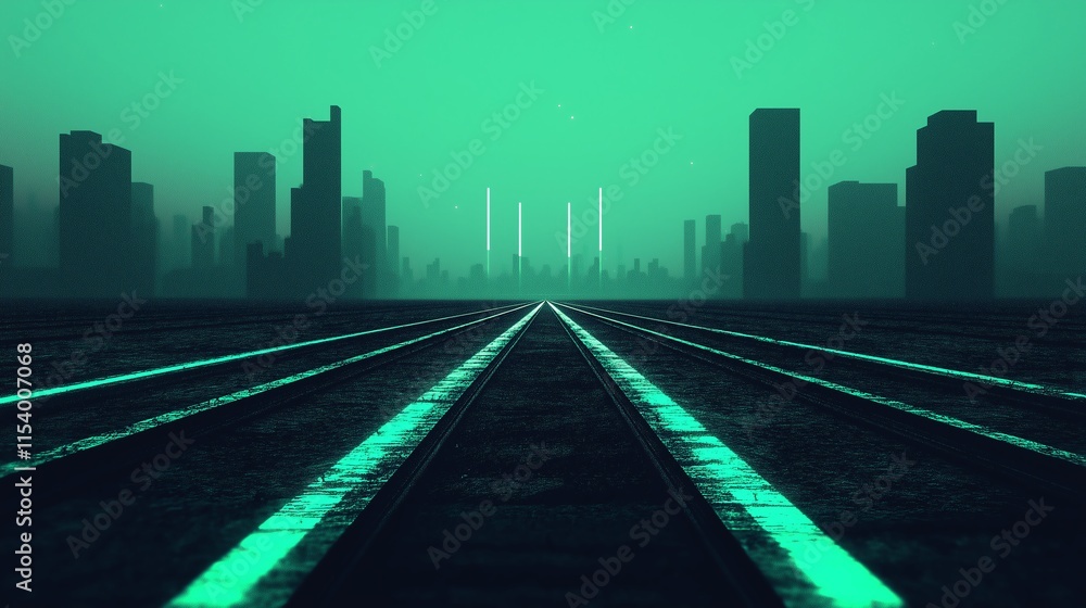 Fototapeta premium A surreal view of an urban landscape with glowing train tracks leading towards futuristic skyscrapers under a teal sky, creating a sense of mystery and adventure.