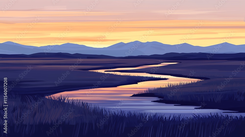 Fototapeta premium Serene Sunset Landscape: River Winding Through Plains with Mountain Silhouette