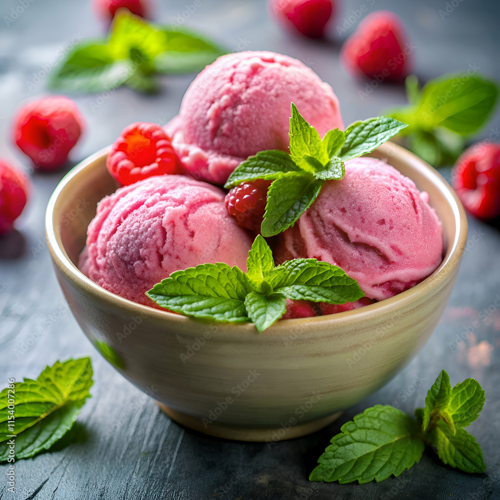 Delicious raspberry sorbet in a bowl. Delicious raspberry sorbet in a bowl.