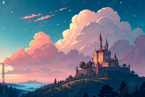 Floating castle illustration, open world game destination, game background style, evening scene with pink blue and orange gradient in the sky and big floating clouds - generated by ai photo
