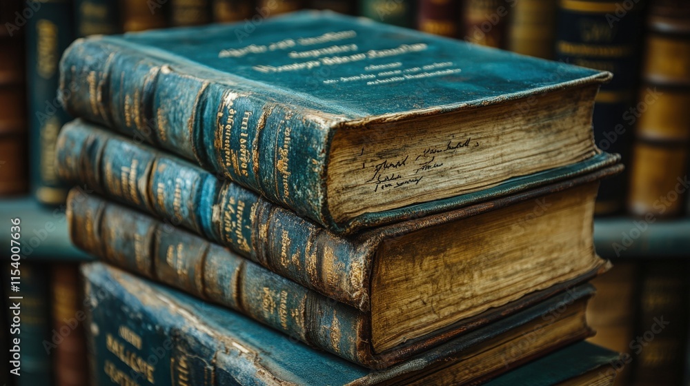 Stack of antique, worn books with gold lettering. Stack of antique, worn books with gold lettering.