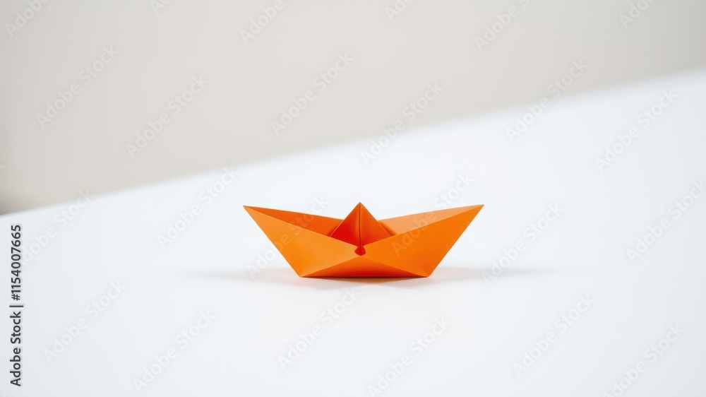 A small orange paper boat floats on a pristine white surface, bathed in soft light. A small orange paper boat floats on a pristine white surface, bathed in soft light.