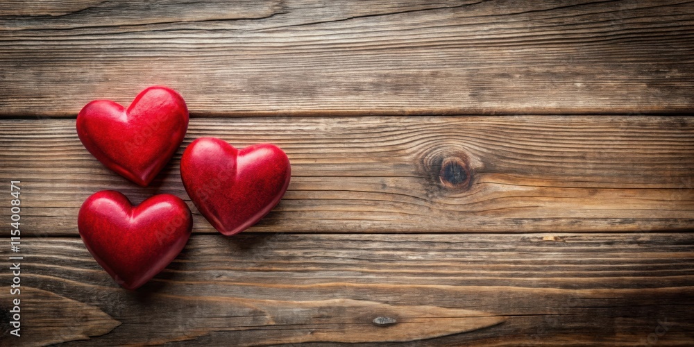 Wooden background with two red hearts in a romantic and elegant design, symbolizing love and affection