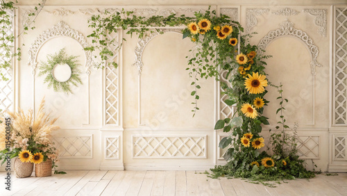 Maternity backdrop, wedding backdrop, photography background with delicate sunflowers and green vintage wall.