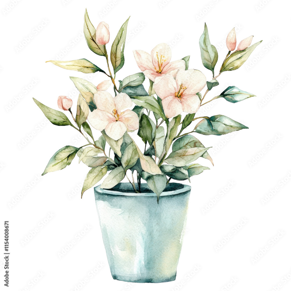 Charming pastel illustration of a potted flower arrangement featuring delicate blooms and soft green leaves in a retro style Charming pastel illustration of a potted flower arrangement featuring delicate blooms and soft green leaves in a retro style