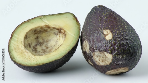 Ripe avocado cut in half showing some discoloration and blemishes. photo