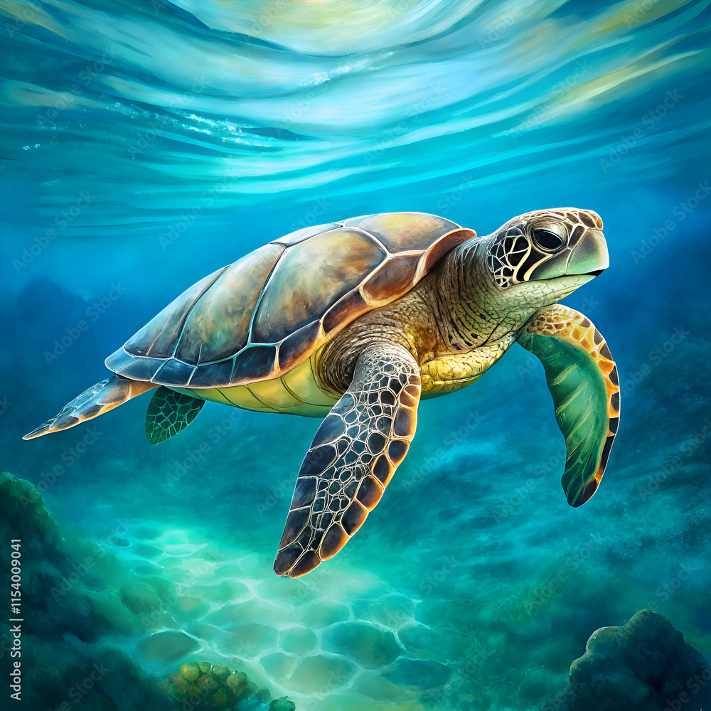 Fototapeta premium Majestic sea turtle swims in vibrant ocean.