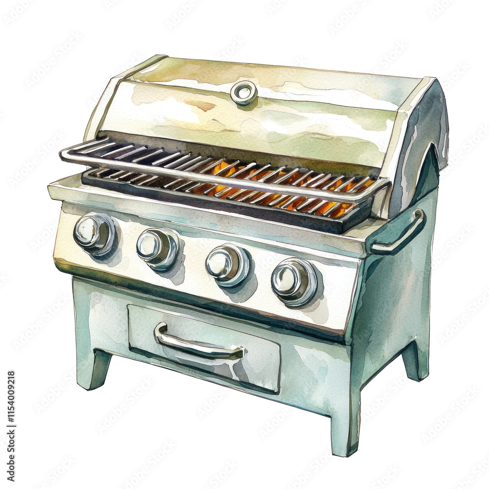 Detailed Watercolor Illustration of a Modern Gas Stove Designed for Outdoor Barbecue Cooking Detailed Watercolor Illustration of a Modern Gas Stove Designed for Outdoor Barbecue Cooking