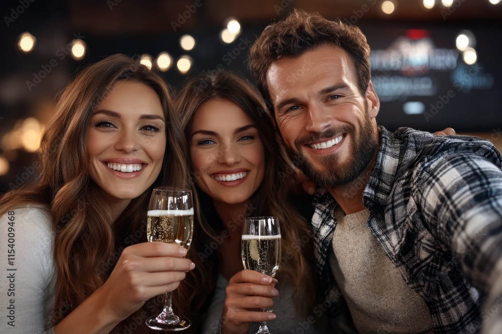 Three friends enjoy each other's company, smiling broadly as they raise glasses filled with bubbly beverages in a warm, inviting bar setting at night Three friends enjoy each other's company, smiling broadly as they raise glasses filled with bubbly beverages in a warm, inviting bar setting at night