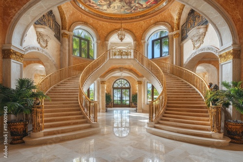 Luxurious foyer showcases a grand double staircase with golden balustrades and a beautifully frescoed ceiling