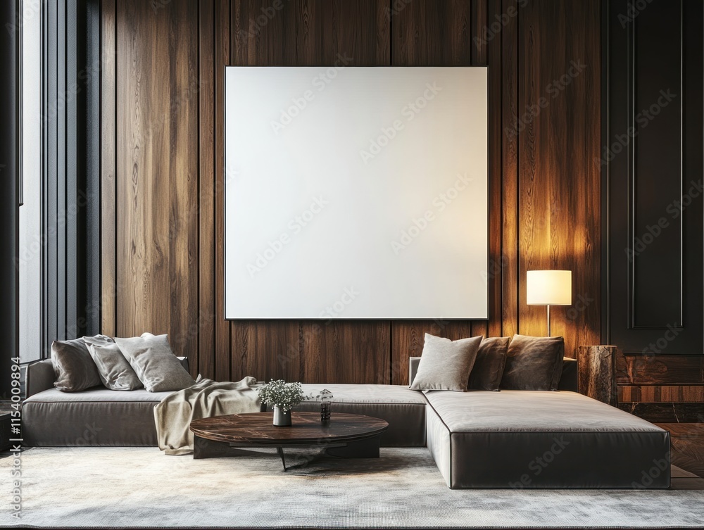 Modern Living Room Design Neutral Sofa Large Canvas Wall Wood Paneling Modern Living Room Design Neutral Sofa Large Canvas Wall Wood Paneling