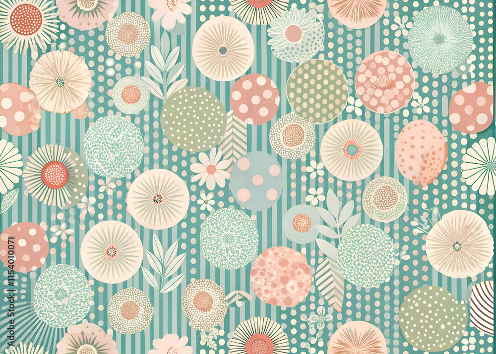 Charming floral pattern with circles and stripes. Charming floral pattern with circles and stripes.