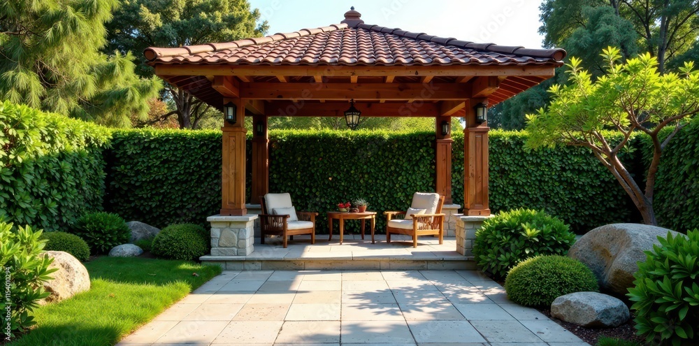 Elegant wooden gazebo, gabion accents, flagstone pavement, outdoor, gazebo Elegant wooden gazebo, gabion accents, flagstone pavement, outdoor, gazebo