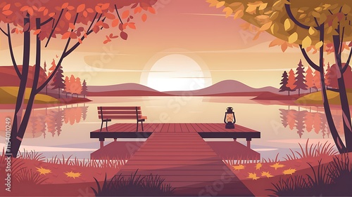 Serene Autumn Lake Dock Scene With Bench And Lantern