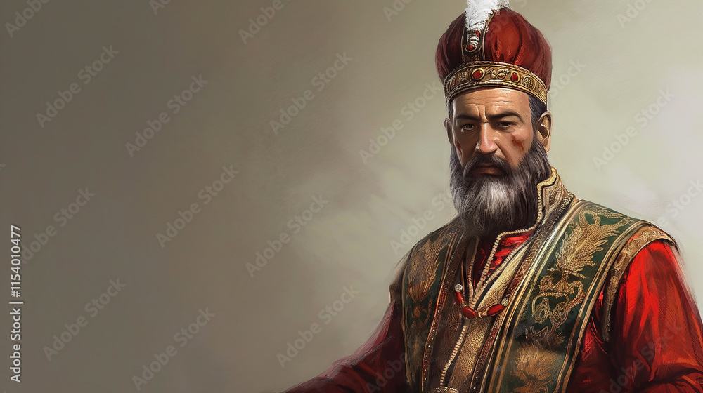 A detailed drawing of a ottoman empire sultan He is dressed in traditional clothing A detailed drawing of a ottoman empire sultan He is dressed in traditional clothing
