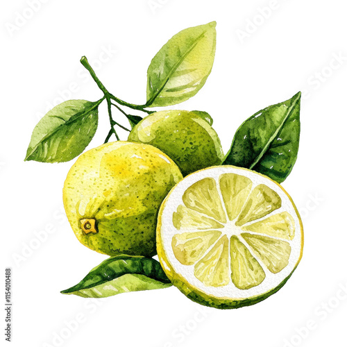Vibrant Watercolor Illustration of Fresh Lemons and Limes with Green Leaves on a transparent background © Suchart