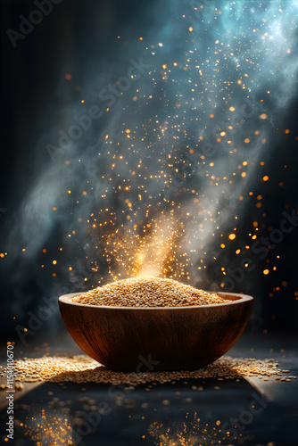 Sesame close-up surrounded by magical light. Shat tila ekadashi concept. Harvest and organic food. Banner, flyer, advertising. photo