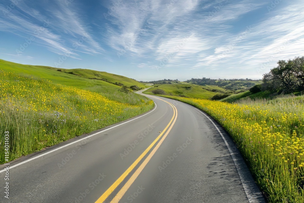 Serene Winding Road Through a Vibrant Spring Meadow: A Scenic Countryside Escape Serene Winding Road Through a Vibrant Spring Meadow: A Scenic Countryside Escape