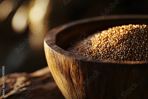 Sesame close-up surrounded by magical light. Shat tila ekadashi concept. Harvest and organic food. Banner, flyer, advertising. photo