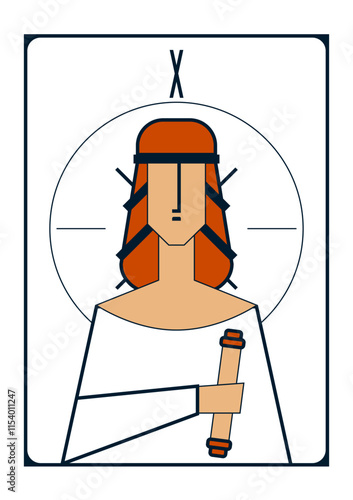 Simple geometric vector image of a wheel of fortune tarot card in the form of a woman in white outfit with a scroll in her hand and a circle behind her;