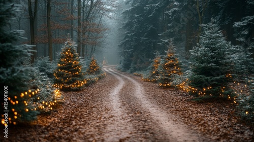 Enchanting winter forest path with lit Christmas trees photo