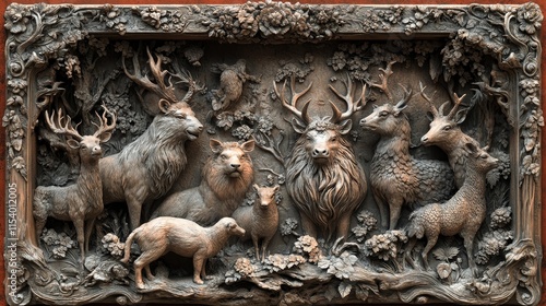 Intricate relief sculpture of forest animals