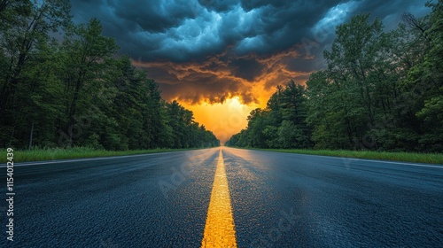 A serene road stretches into a dramatic sunset, framed by lush trees and moody clouds.
