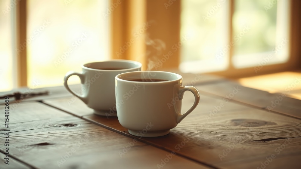Two steaming mugs of hot beverage rest on a rustic wooden table near a sunlit window.