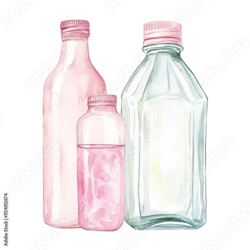 Retro Illustration of Colorful Glass Bottles in Pastel Shades with Vintage Aesthetic and Soft Textures photo