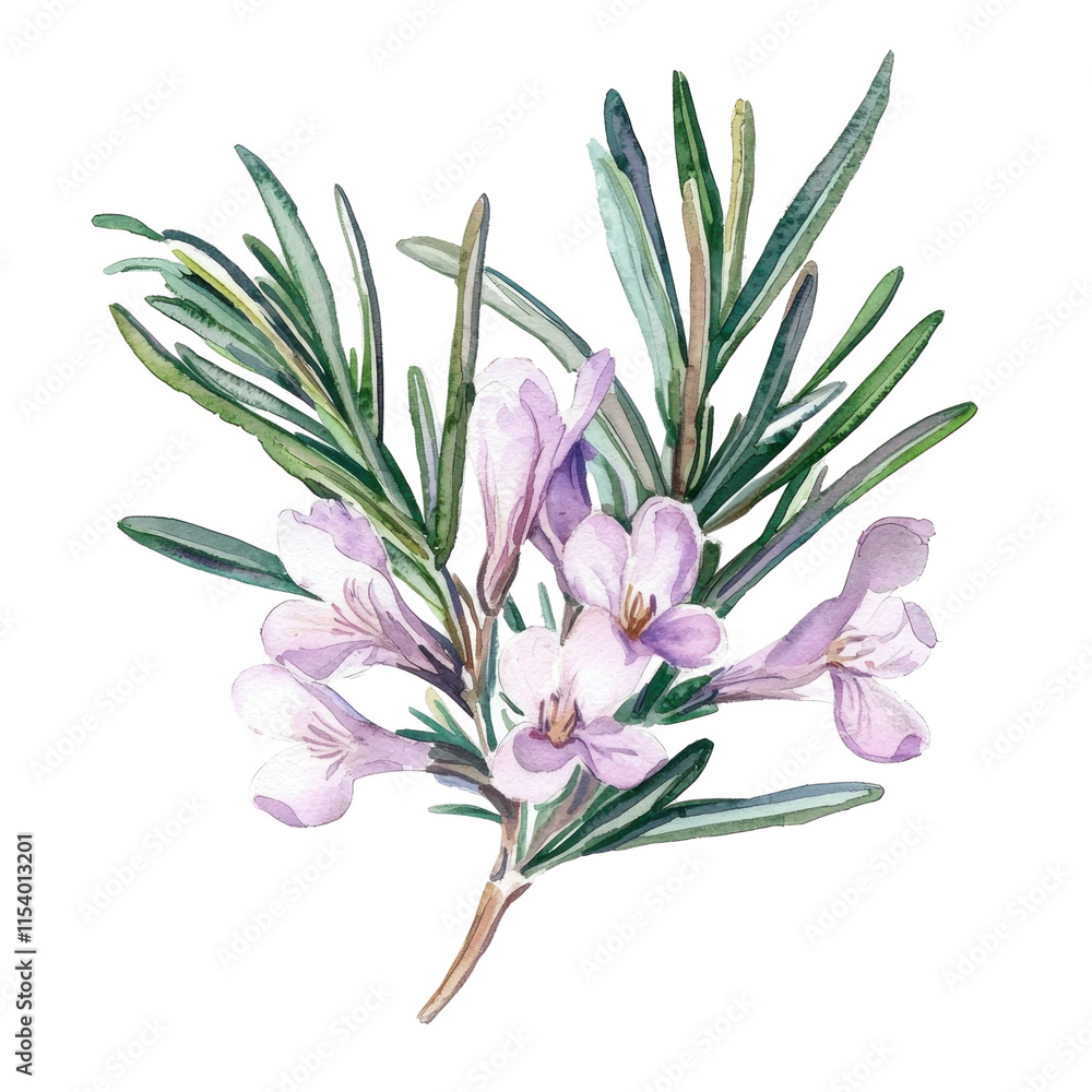 Naklejka premium Delicate Pastel Illustration of Rosemary with Soft Purple Flowers and Green Leaves in Retro Style