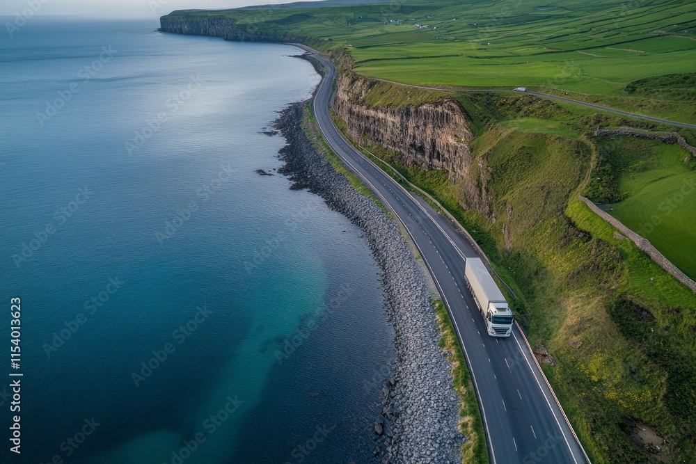Coastal Highway with a Truck - Stunning Aerial View of a Winding Road by the Ocean Coastal Highway with a Truck - Stunning Aerial View of a Winding Road by the Ocean