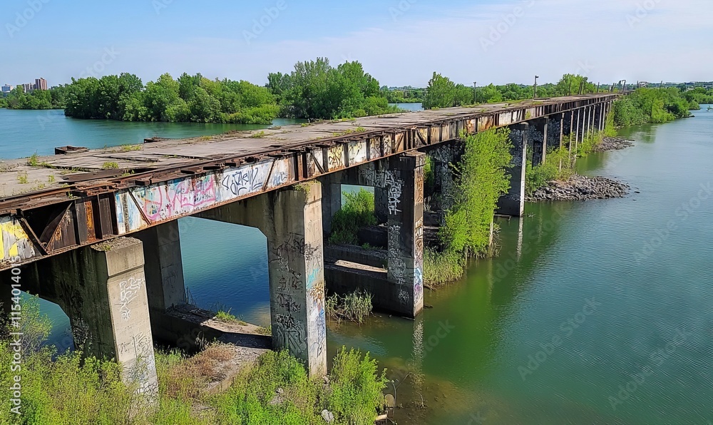 Fototapeta premium Abandoned Bridge Over River in Buffalo, NY with Graffiti and Overgrown Greenery, AI generated illustration
