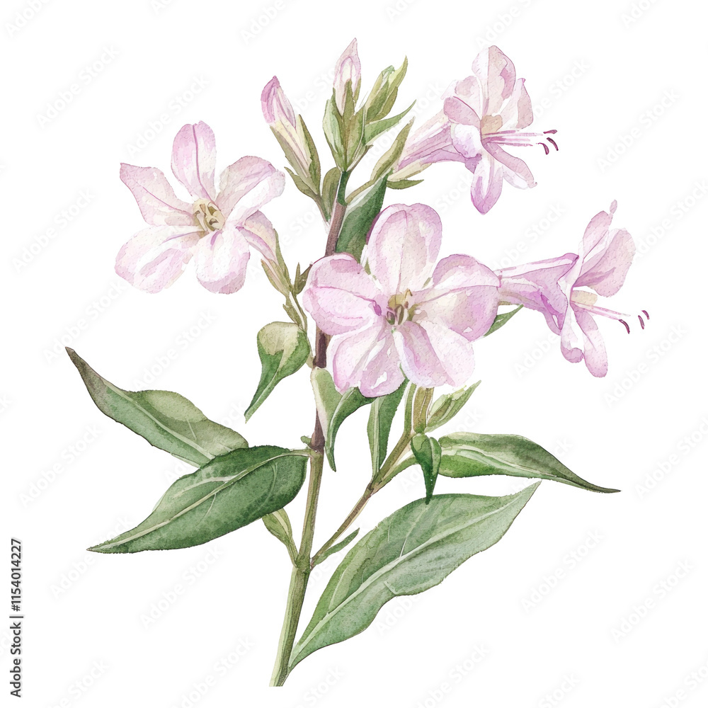 Detailed Illustration of St. John's Wort Flower in Pastel Colors with Delicate Petals and Green Foliage
