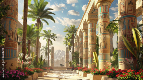 Ancient Egyptian Temple with Majestic Columns and Lush Palm Trees Under a Vibrant Blue Sky