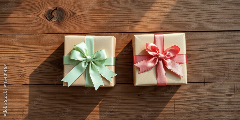 Fototapeta premium Two elegantly wrapped gifts with pastel ribbons rest on a rustic wooden surface bathed in sunlight