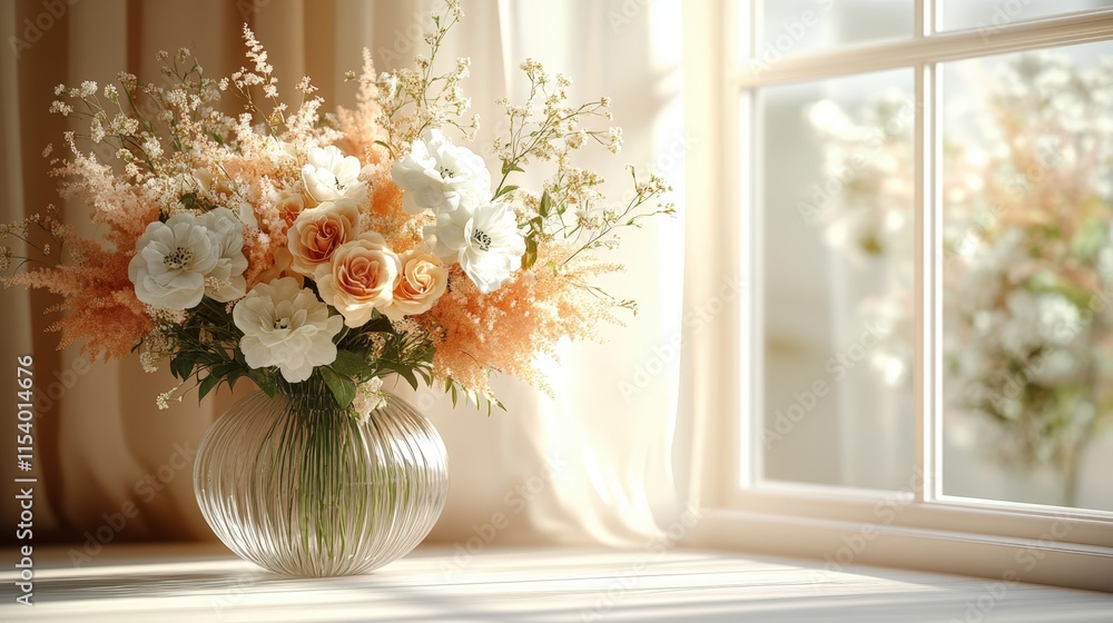 Sunlit floral arrangement in glass vase on window sill. Sunlit floral arrangement in glass vase on window sill.