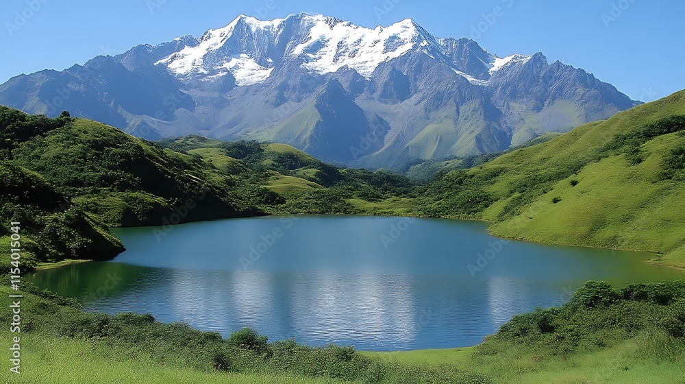 Serene mountain lake nestled beneath snow capped peaks Serene mountain lake nestled beneath snow capped peaks